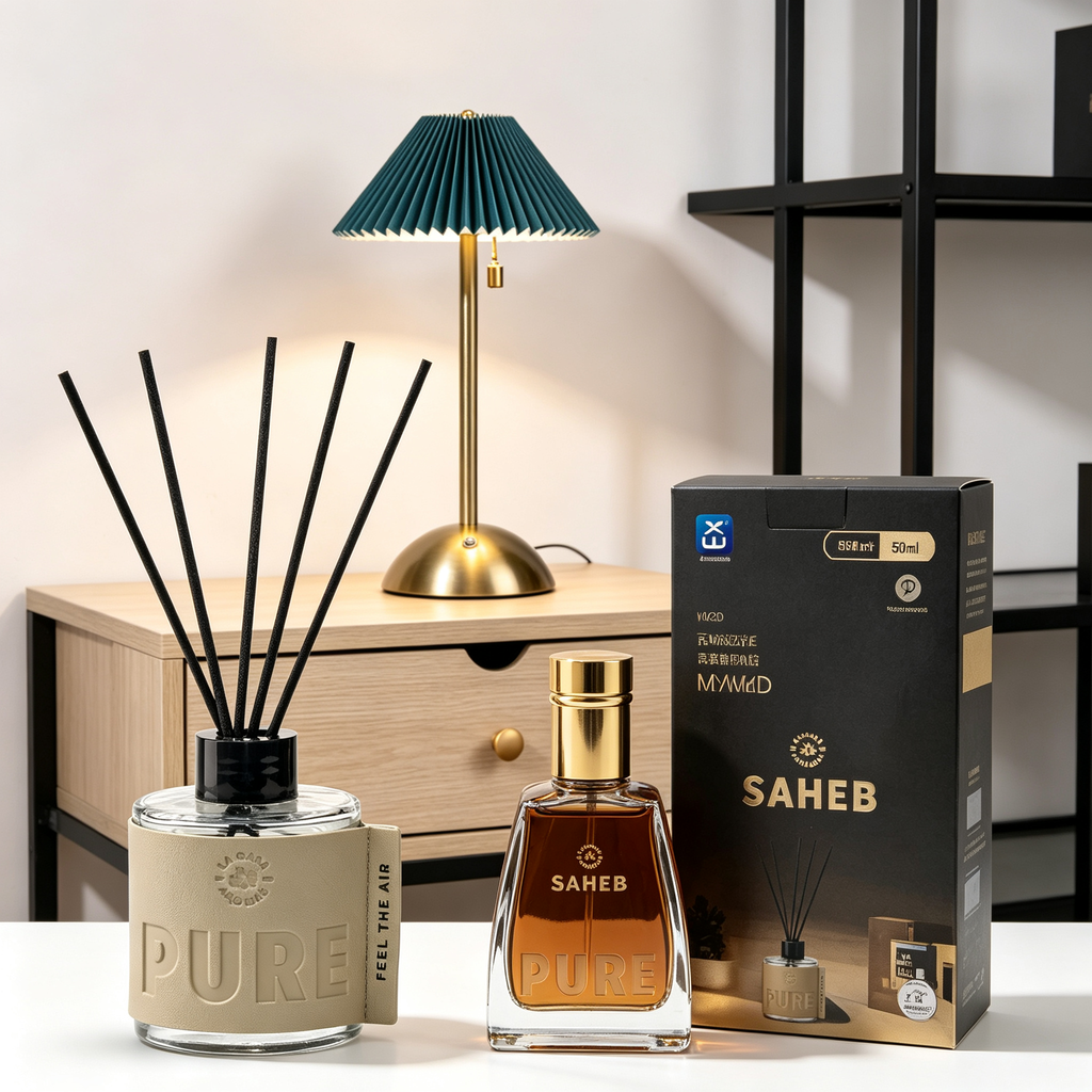Set Decoración Masculina Premium 4 en 1 - Mesa Auxiliar + Mikado Pure + Perfume Saheb + Lámpara Verde