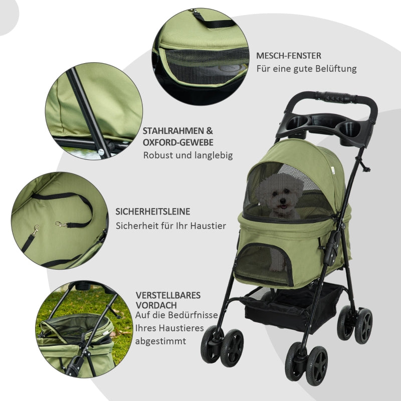 Cochecito para mascotas, plegable, 2 correas de seguridad, 2 porta-bebidas, 67 x 45 x 96 cm, Verde