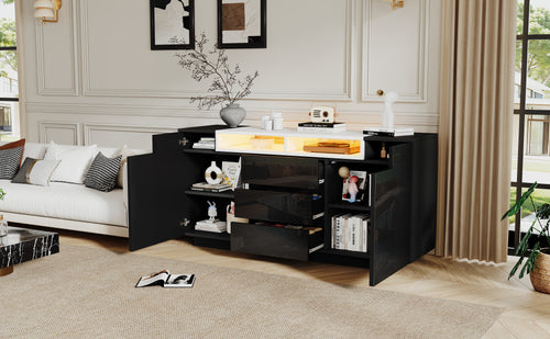 140*40*68cm Sideboard para el salón con 2 puertas en forma de L, armario para el salón con tabiques ajustables y luces LED, armario con lustre con 3 cajones, cómoda, negro