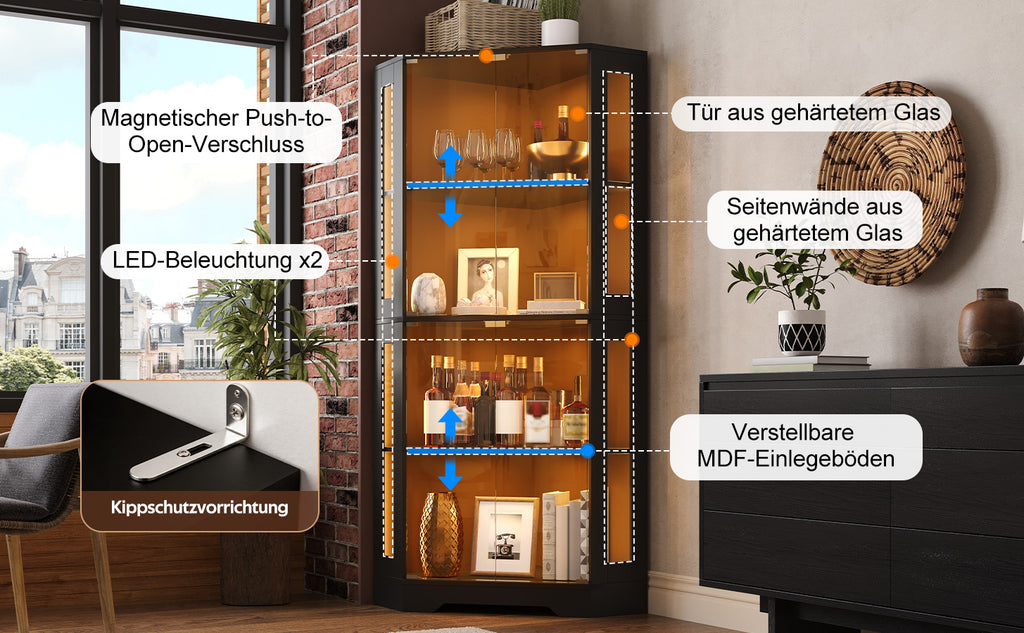 Armario vitrina de 165 cm con LED, armario lateral de cristal de seguridad de 4 niveles, moderno armario de vinos para figuras, coleccionables y vinos, para cocina y comedor