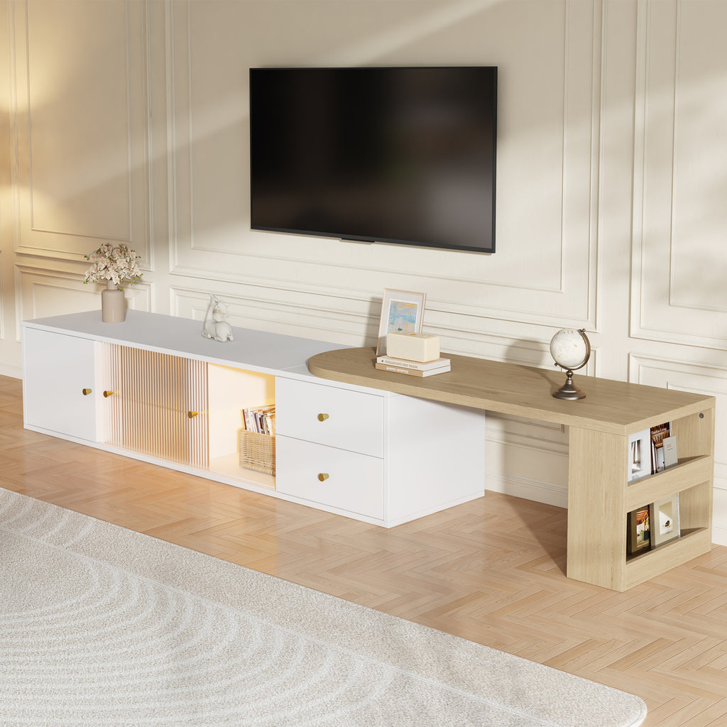 Mueble lateral para TV con iluminación LED, extensible, 2 cajones + 2 puertas correderas de cristal + 1 compartimiento, Mueble lateral para TV con espacio de almacenamiento, estante lateral, moderno, Blanco & Madera, 175×40×35,5 cm