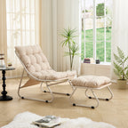 Silla de estar exterior para el patio con cojín, Silla reclinable cómoda con cojín abultado y taburete, Ideal para el salón, el dormitorio, la sala de lectura, Color de marco beige con cojín beige