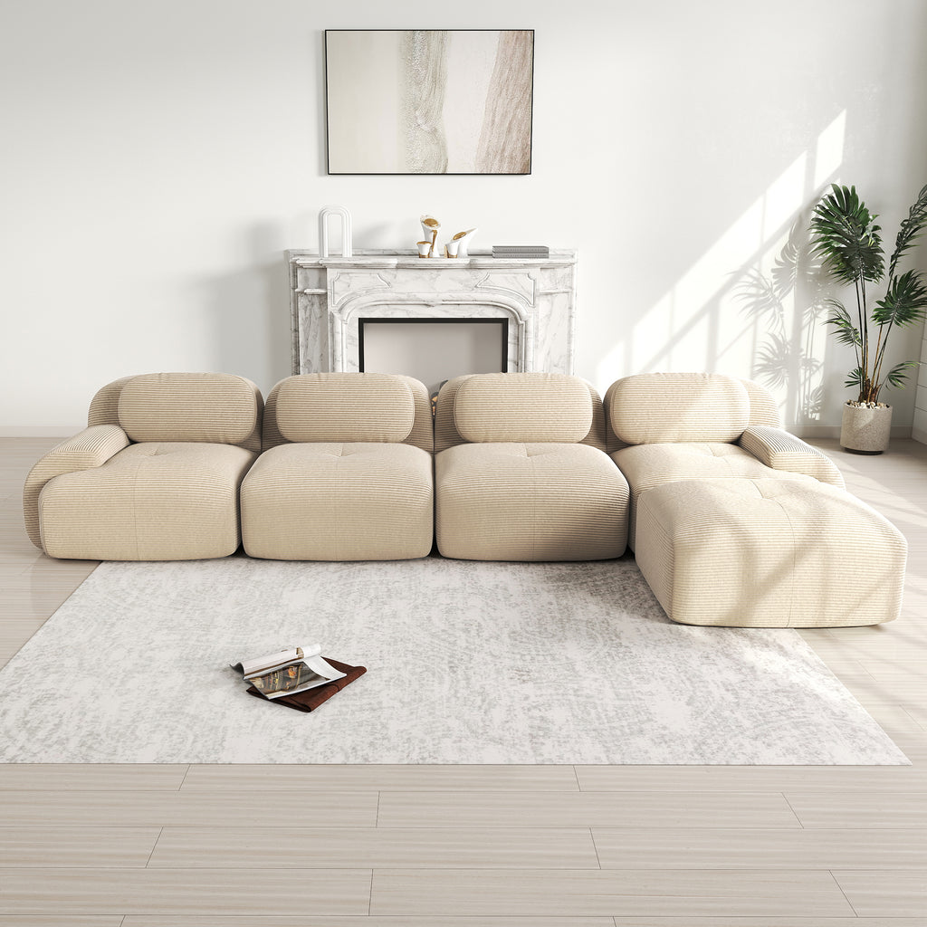 Sofá angular de 4 plazas con relleno de 32D de alta elasticidad, sofá sin armazón, antiresbaladante, con chaiselongue, reposabrazos extra anchos, combinable libremente, sin montaje para oficina, salón y cine en casa, color beige