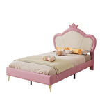 Cama de Colchón, Cama para Niños, con Bordes Suaves de Protección, Parte Superior de la Cama con Corona, Patas de la Cama de Metal, Perfil Elegante de la Parte Superior de la Cama de Colchón, Cama Individual, PU, Rosa + Blanco, 90x200cm