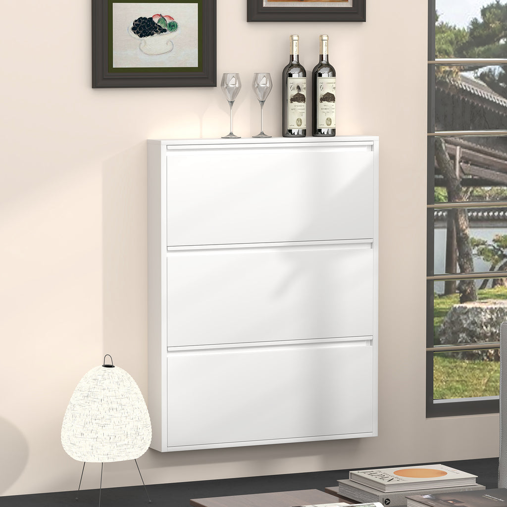 Gabinet de calzado de metal con 3 cajones volteables, organizador de calzado para la pared, estante de calzado escondido estrecho y delgado para el vestíbulo, blanco