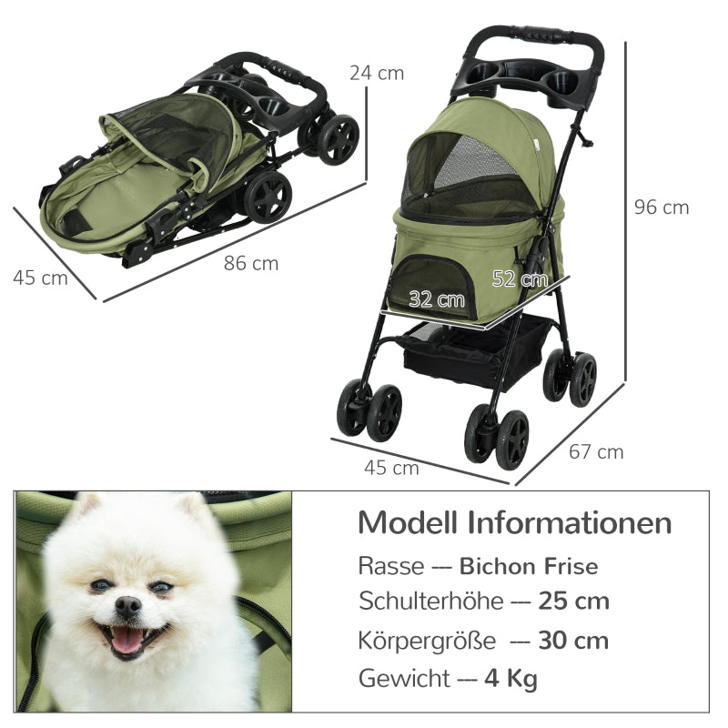 Cochecito para mascotas, plegable, 2 correas de seguridad, 2 porta-bebidas, 67 x 45 x 96 cm, Verde