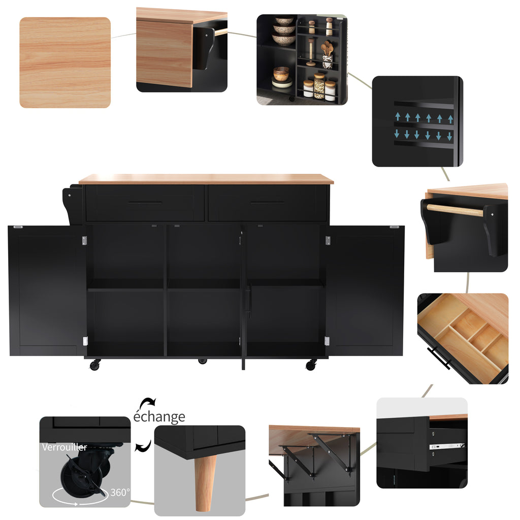129x46(71)x91,5cm Esstischwagen /Anrichte con placa de mesa plegable, empotramientos internos en las puertas del armario, isla de cocina con 5 ruedas y estantes de intercambio y 2 cajones, para el comedor, negro