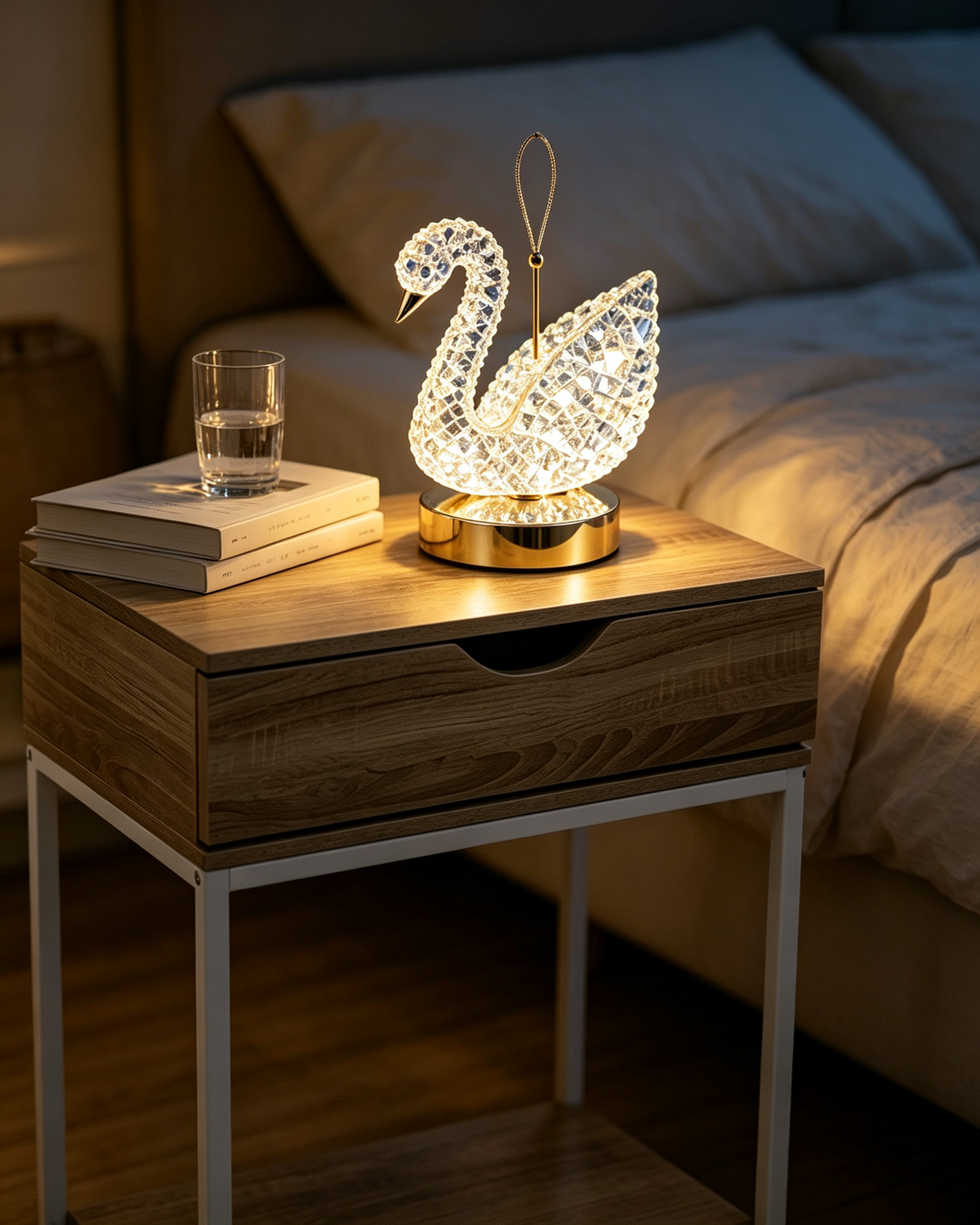 Set Decoración Femenina Premium 4 en 1 - Mesa Auxiliar + Mikado Limón + Secador Iónico + Lámpara Cisne