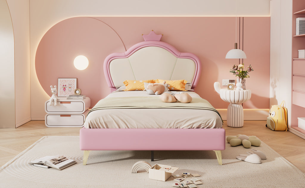 Cama de Colchón, Cama para Niños, con Bordes Suaves de Protección, Parte Superior de la Cama con Corona, Patas de la Cama de Metal, Perfil Elegante de la Parte Superior de la Cama de Colchón, Cama Individual, PU, Rosa + Blanco, 90x200cm