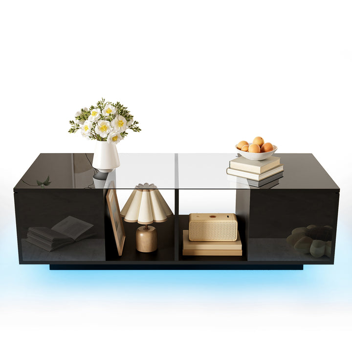 Mesa de centro moderna negra con iluminación LED, superficie de mesa de alta lustre, 120 x 50 x 38,5 cm