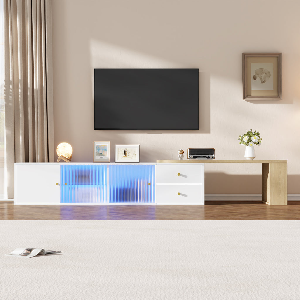 Mueble lateral para TV con iluminación LED, extensible, 2 cajones + 2 puertas correderas de cristal + 1 compartimiento, Mueble lateral para TV con espacio de almacenamiento, estante lateral, moderno, Blanco & Madera, 175×40×35,5 cm