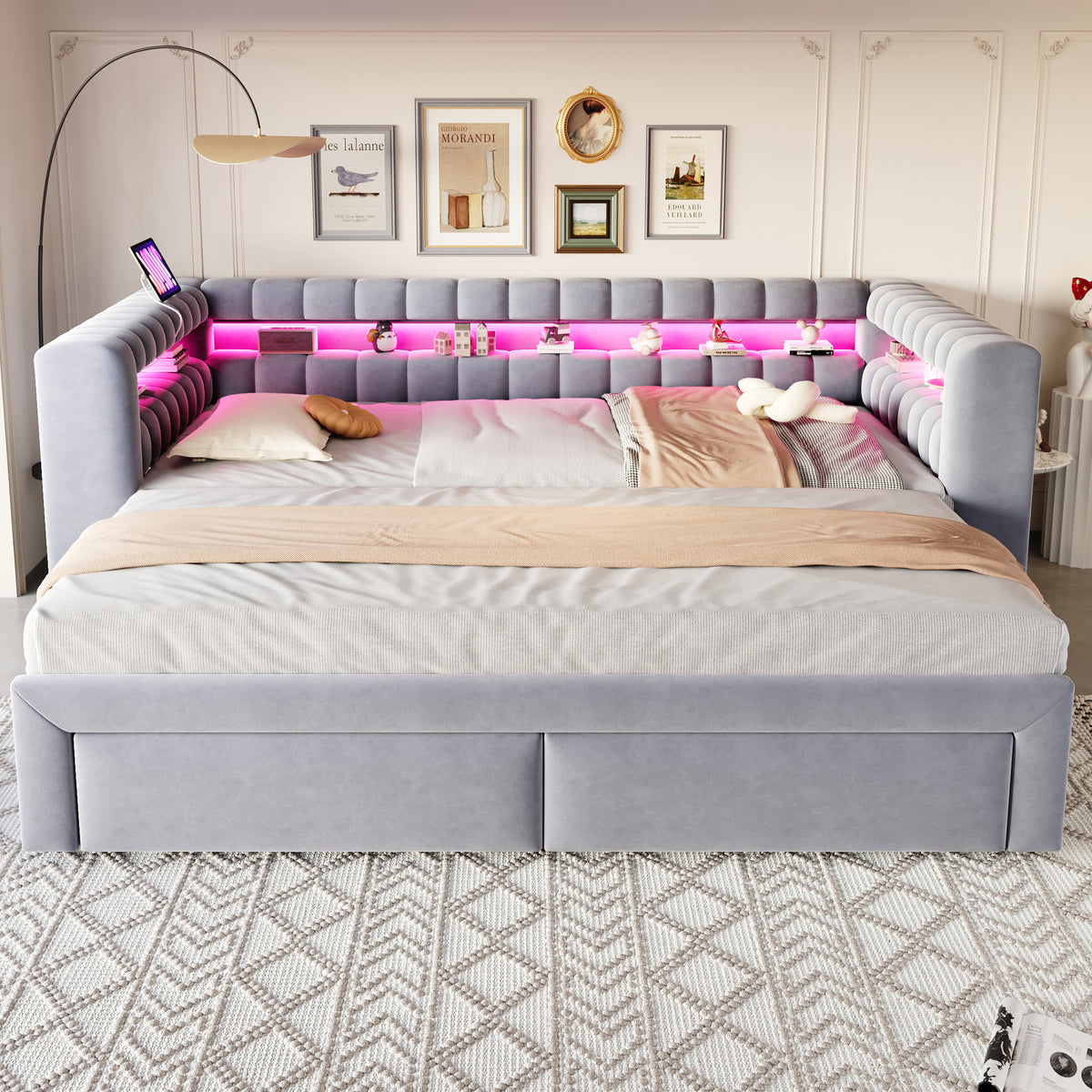 Sofá cama con cojines 90/180 × 190 cm, con cama extraíble y cajones, estantes integrados, iluminación LED, conectores USB y Typ-C, tela de seda gris claro