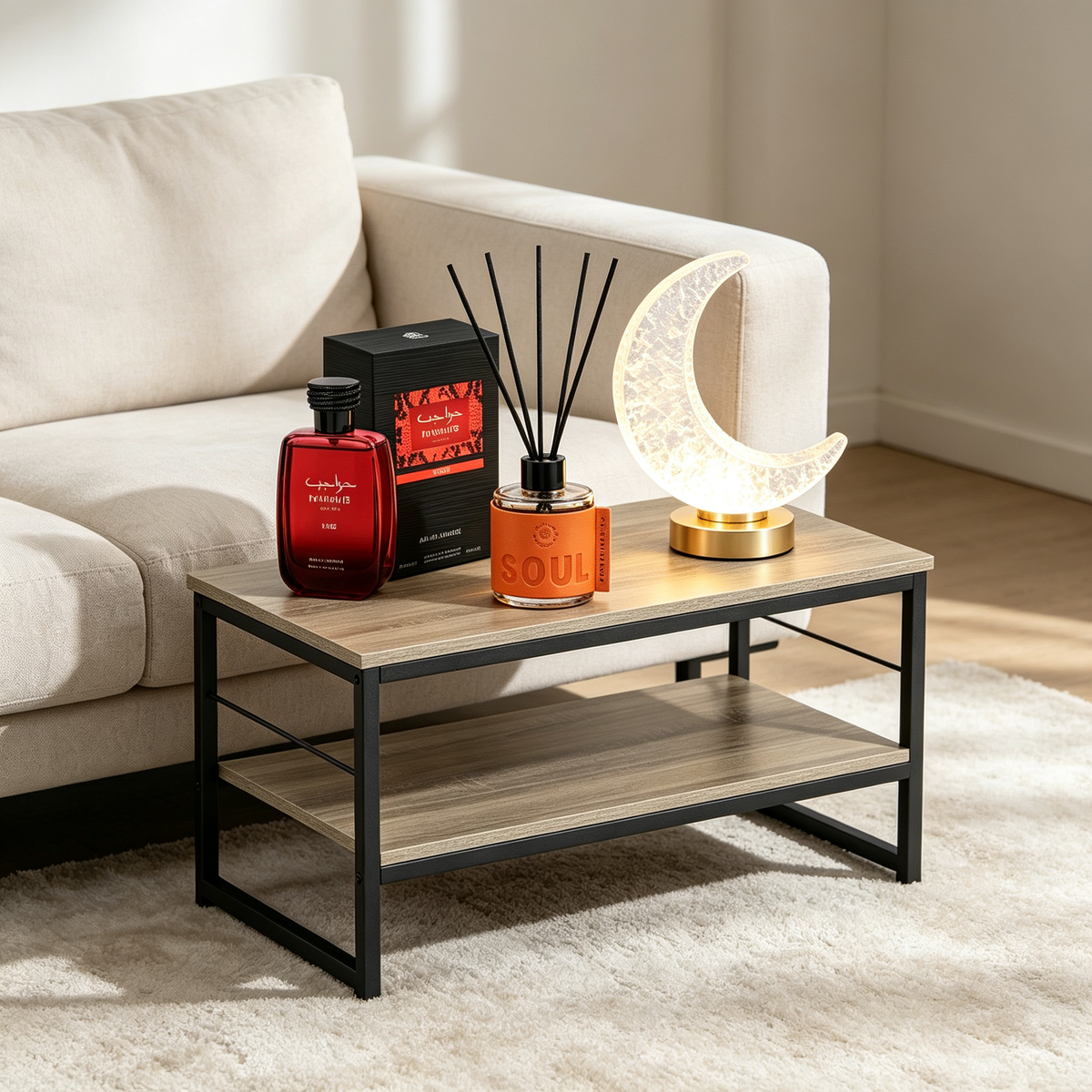 Set Decoración Oriental Premium 4 en 1 - Mesa de Centro + Perfume Fire + Mikado Soul + Lámpara Luna