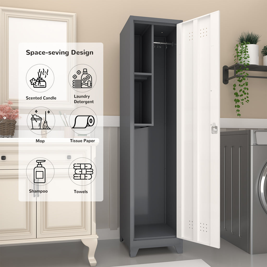 Gabinet de almacenamiento para limpieza de metal esbelto con puerta cerradora, estantes y barra de colgado, 65" de alto, organizador de utilidades para cocina, despensa, oficina, taller y garaje