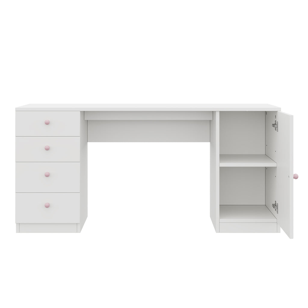 Mesa de escritorio, mesa de trabajo, mesa de computadora, con 4 cajones y una superficie de almacenamiento, muebles para niños, mesa de estudio con espacio de almacenamiento, empuñaduras de cerámica rosa, 155*45*74 cm, Blanco