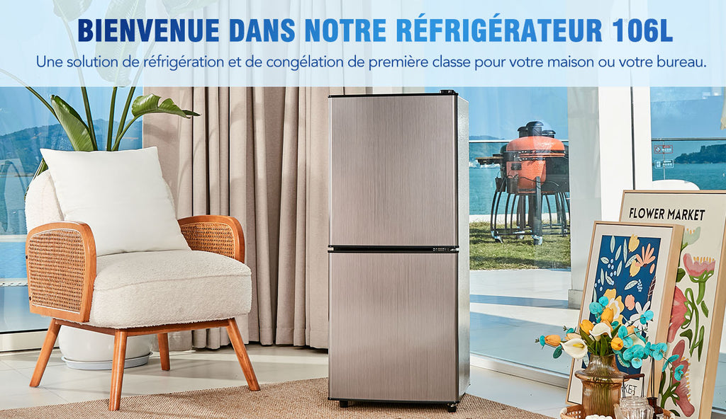 Refrigerador Minikühlschra de 106L, 60-l de capacidad de refrigeración + 46-l de capacidad de freezer, 7 ajustes de temperatura, puerta plateada + cuerpo negro, iluminación LED, cajones de empotramiento ajustables, 166 kWh/Jr, 45 dB