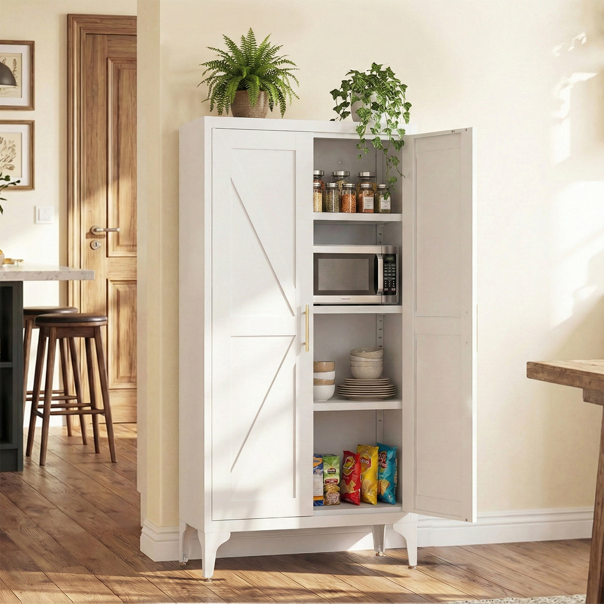 Gabinet de almacenamiento metálico de 2 puertas ajustable para despensa de la cocina, gabinete de despensa con estantes ajustables, todo de acero, para la cocina, el salón, el comedor y la oficina, blanco