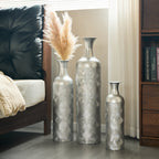 Set de 3 Vasos de Piso con Estampado de Olas, Color Plata (50/66/83 cm) - Grandes Vasos Decorativos de Metal como Cubiertos para Plantas, Decoración para Salón y Pasillo en Estilo Moderno