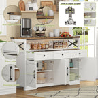 Buffet de 140 cm con espacio de almacenamiento, barra de café con 3 cajones, consola en estilo rústico con puertas, armarios con tablones de empotramiento, adecuado para la cocina, el salón, el vestíbulo, estilo rústico blanco/marrón