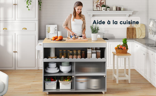 122 x 46(69) x 91 cm, Cocina con isla plegable, Mesón de trabajo de madera de roble, Puertas correderas de cristal templado, Tableros de empotramiento ajustables, Anclaje para toallas, Gran Cocina con isla