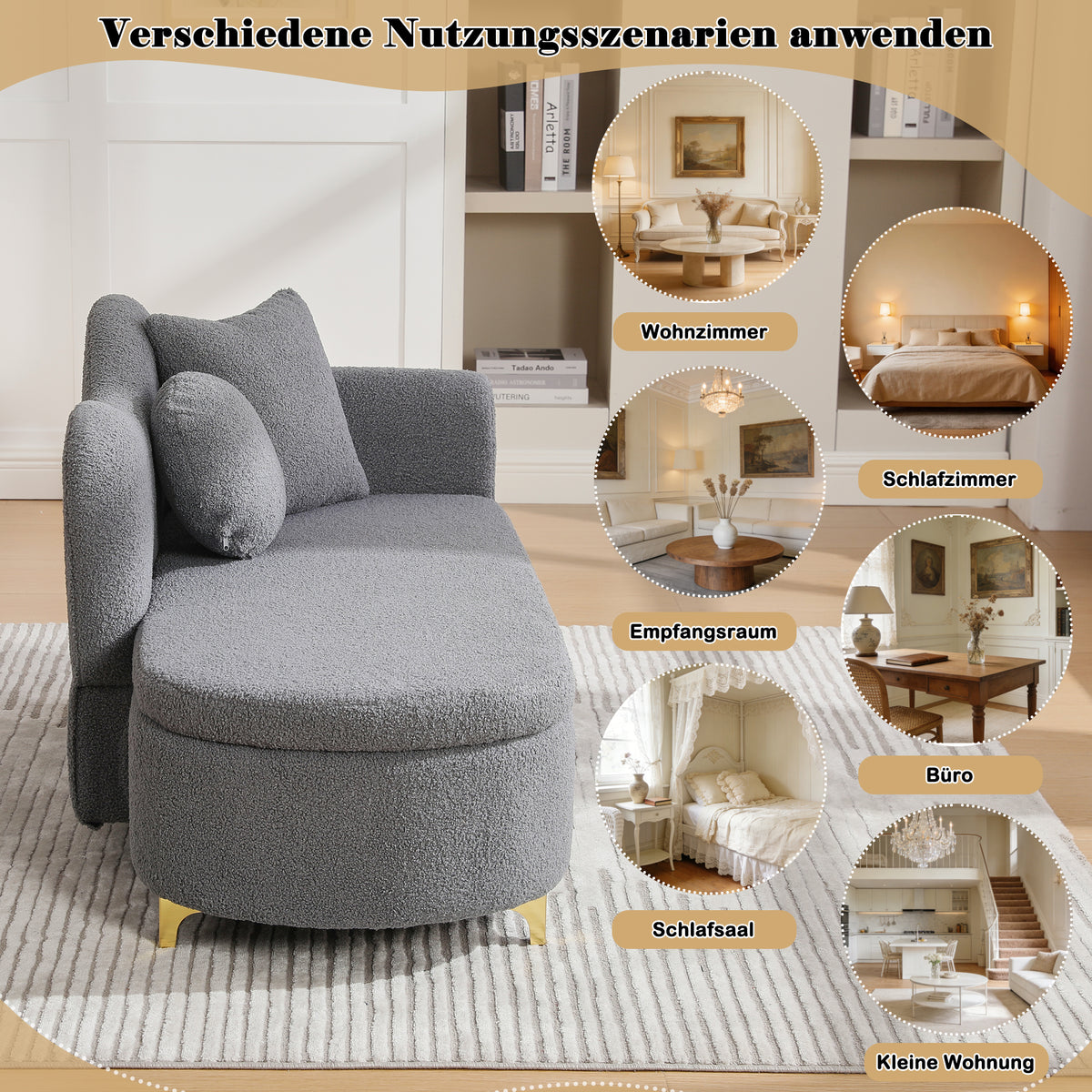 Chaiselongue multifuncional con espacio de almacenamiento, 134 cm, diseño moderno, respaldo ondulado, tela con aspecto de piel de cordero, cojines altamente densos, incluye cojín lumbar + cojín de cuello