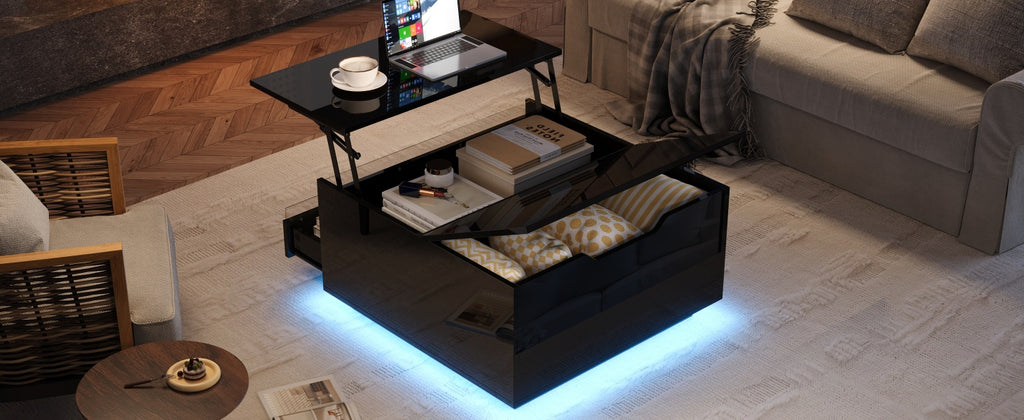 Mesón de salón de 70*70*38cm, Mesón de café elevador con tira de luz LED, Sofático con 1 cajón, Mesón auxiliar de alta brillantez con espacio de almacenamiento oculto y puertas con abertura superior, Negro