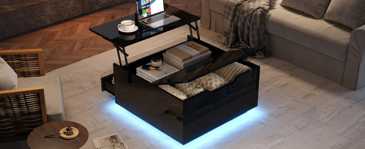 Mesón de salón de 70*70*38cm, Mesón de café elevador con tira de luz LED, Sofático con 1 cajón, Mesón auxiliar de alta brillantez con espacio de almacenamiento oculto y puertas con abertura superior, Negro