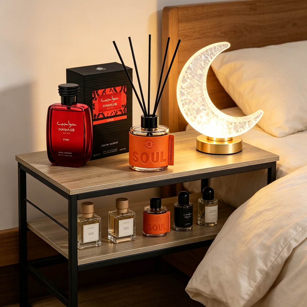Set Decoración Oriental Premium 4 en 1 - Mesa de Centro + Perfume Fire + Mikado Soul + Lámpara Luna