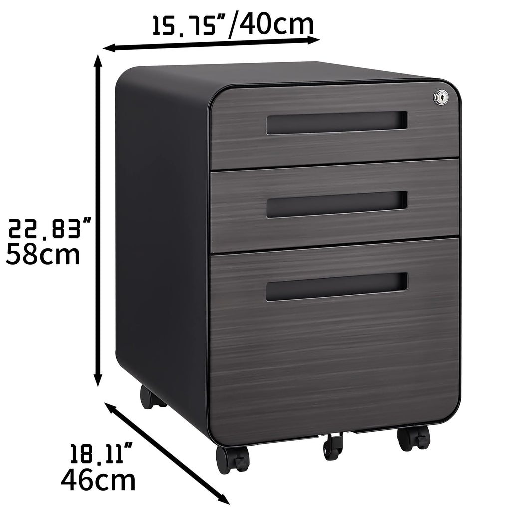 Caja de archivos móvil de 3 cajones para debajo de la mesa de oficina, negra. Almacenamiento moderno y versátil para archivos legales/cartas/A4, diseño anti-derrumbe con 5 ruedas, acero laminado frío, resistente al agua y a la humedad