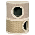 Torre de gato de 49 cm de altura, de 35,5 cm de diámetro, con dos niveles, con borde de plush y alfombra de rascar, 2 cuevas Khaki + Café