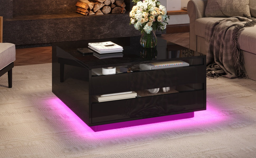 Mesón de salón de 70*70*38cm, Mesón de café elevador con tira de luz LED, Sofático con 1 cajón, Mesón auxiliar de alta brillantez con espacio de almacenamiento oculto y puertas con abertura superior, Negro