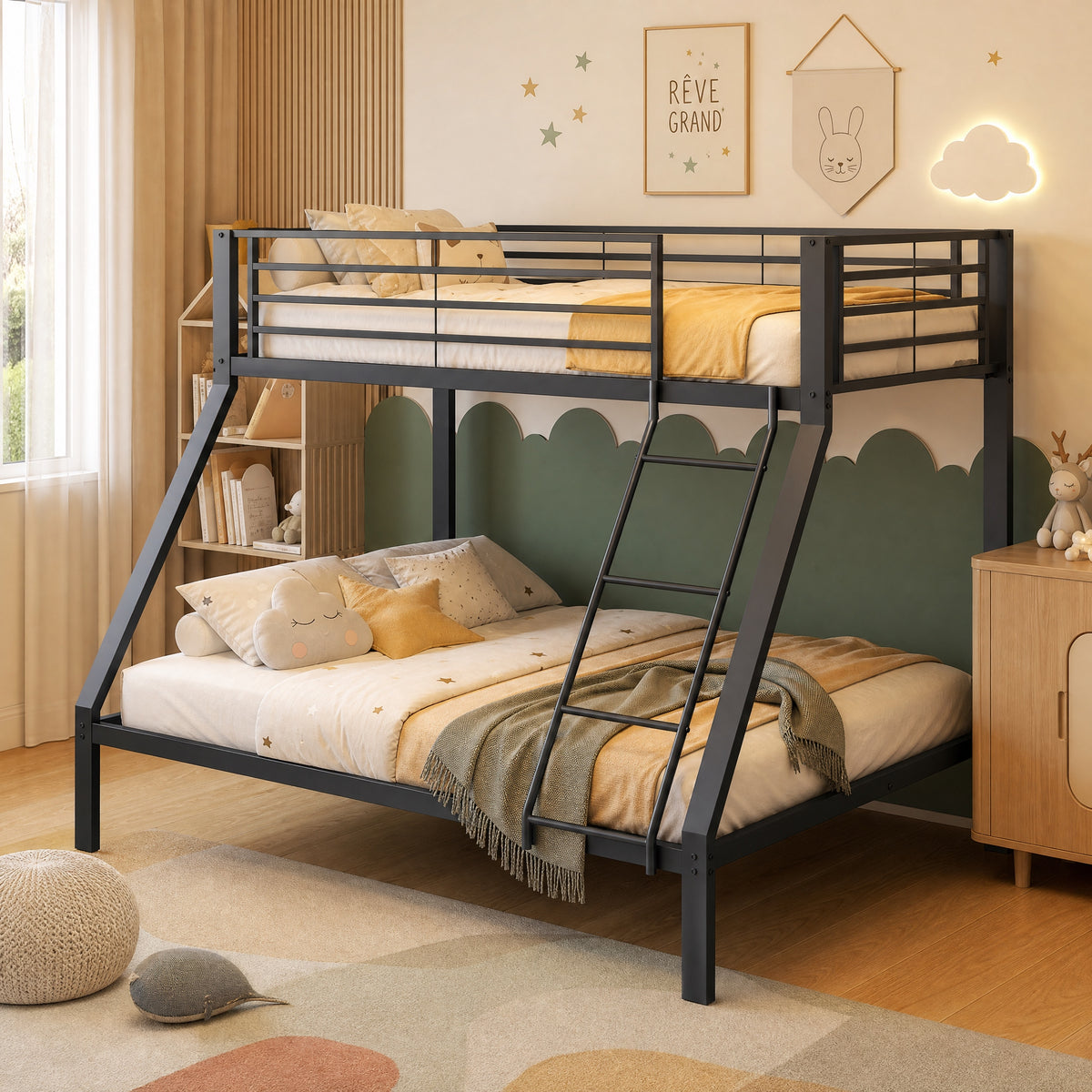 Cama bunk Metal 90/140 x 200 cm – Cama familiar y bunk con protección contra caídas, escalera segura y rejilla, construcción estable, silenciosa, para niños, jóvenes y adultos, Negro