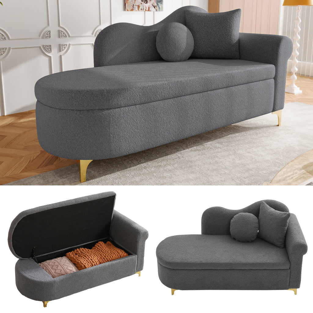 Chaiselongue multifuncional con espacio de almacenamiento, 134 cm, diseño moderno, respaldo ondulado, tela con aspecto de piel de cordero, cojines altamente densos, incluye cojín lumbar + cojín de cuello
