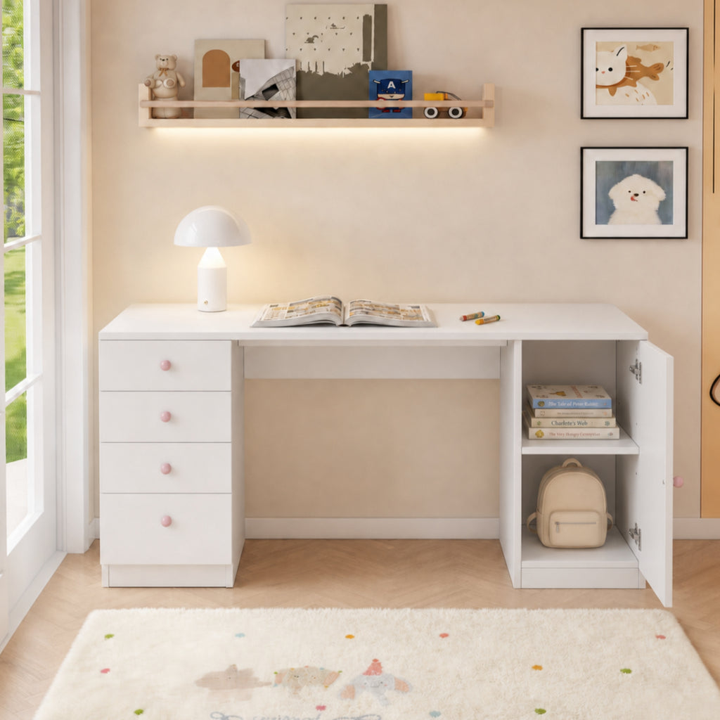 Mesa de escritorio, mesa de trabajo, mesa de computadora, con 4 cajones y una superficie de almacenamiento, muebles para niños, mesa de estudio con espacio de almacenamiento, empuñaduras de cerámica rosa, 155*45*74 cm, Blanco