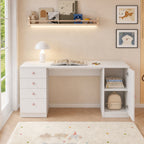 Mesa de escritorio, mesa de trabajo, mesa de computadora, con 4 cajones y una superficie de almacenamiento, muebles para niños, mesa de estudio con espacio de almacenamiento, empuñaduras de cerámica rosa, 155*45*74 cm, Blanco