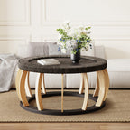 Mesa de café redonda de madera sólida con mimbre vintage, patas curvas, acento boho para el comedor, la cocina y la sala de estar, Negro Marrón