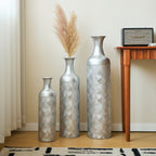 Set de 3 Vasos de Piso con Estampado de Olas, Color Plata (50/66/83 cm) - Grandes Vasos Decorativos de Metal como Cubiertos para Plantas, Decoración para Salón y Pasillo en Estilo Moderno