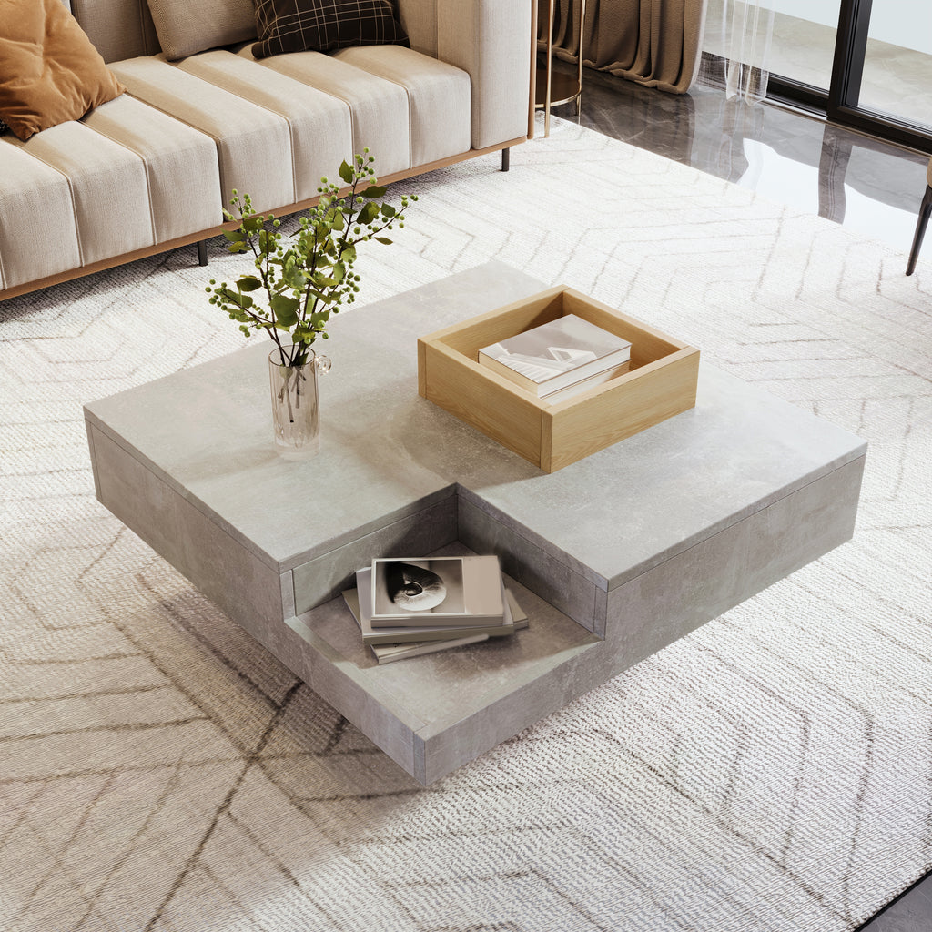 Mesita de centro para el salón, mesita lateral con caja de almacenamiento desmontable, color gris betón y color madera, 72*72*30 cm.