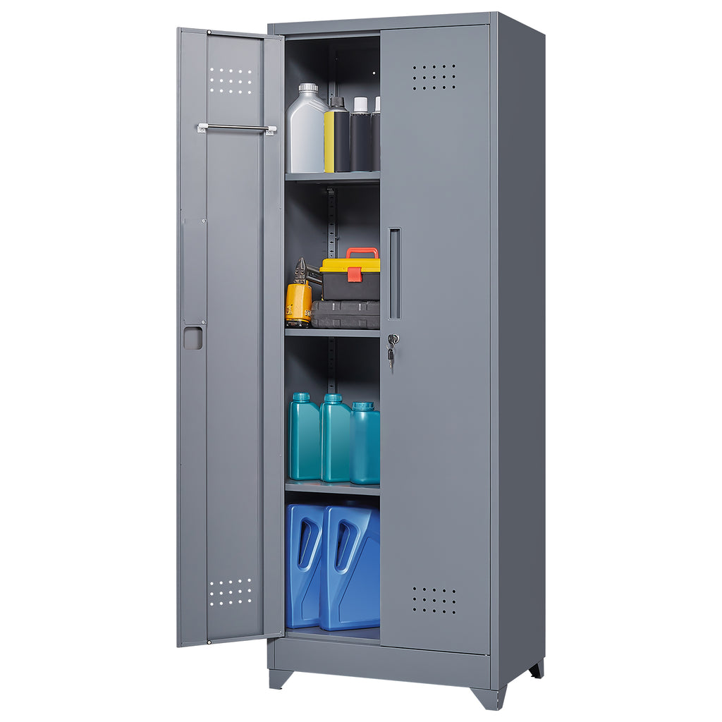 Gabinet de almacenamiento para escobas con puertas con cerradura y estantes, gabinete de almacenamiento metálico de 65" de alto con varilla de colgado y anzuelos S, gabinete de almacenamiento de herramientas de limpieza
