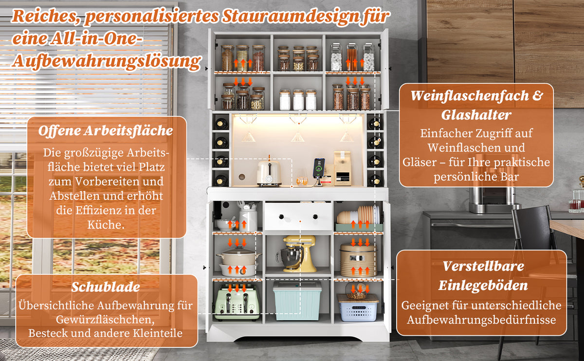Armario de cocina, armario alto, armario de vinos con soportes de empotramiento ajustables, cajón, soporte para vasos de vino de acero inoxidable, compartimentos para botellas de vino, iluminación LED con cambio de color y enchufes, 180 × 105 × 40 cm