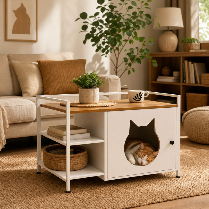 Armario multifuncional para la caja de arena de los gatos con agujero en forma de cabeza de gato, mesita de noche con 2 estantes y espacio de almacenamiento, moderno mueble para gatos para el salón y el dormitorio (blanco y madera)