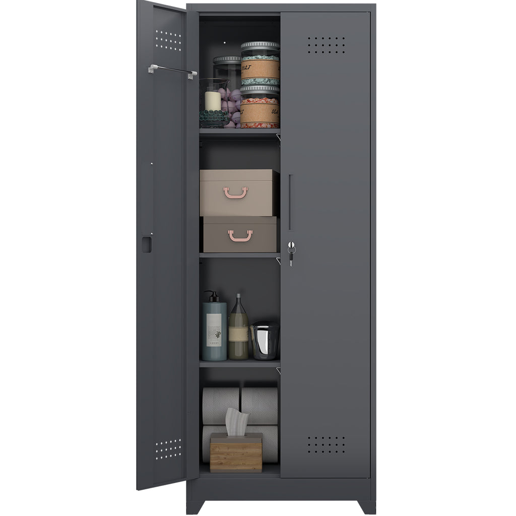 Gabinet de almacenamiento para escobas con puertas con cerradura y estantes, gabinete de almacenamiento metálico de 65" de alto con varilla de colgado y anzuelos S, gabinete de almacenamiento de herramientas de limpieza