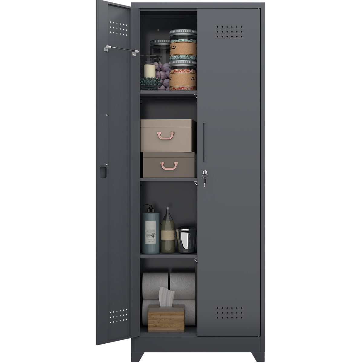 Gabinet de almacenamiento para escobas con puertas con cerradura y estantes, gabinete de almacenamiento metálico de 65" de alto con varilla de colgado y anzuelos S, gabinete de almacenamiento de herramientas de limpieza