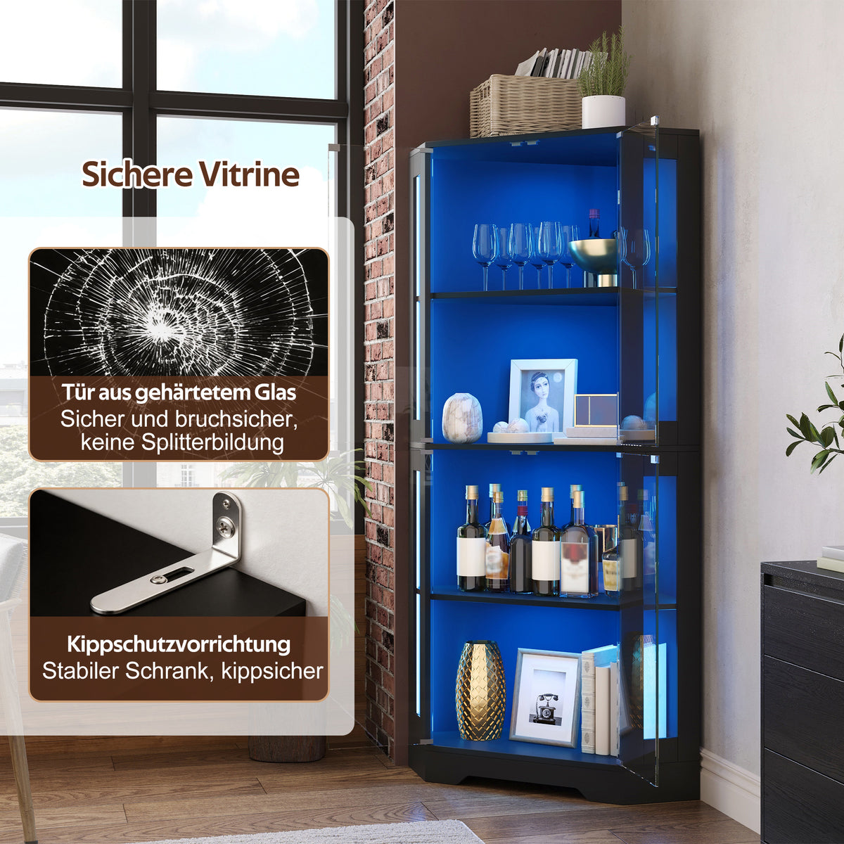 Armario vitrina de 165 cm con LED, armario lateral de cristal de seguridad de 4 niveles, moderno armario de vinos para figuras, coleccionables y vinos, para cocina y comedor