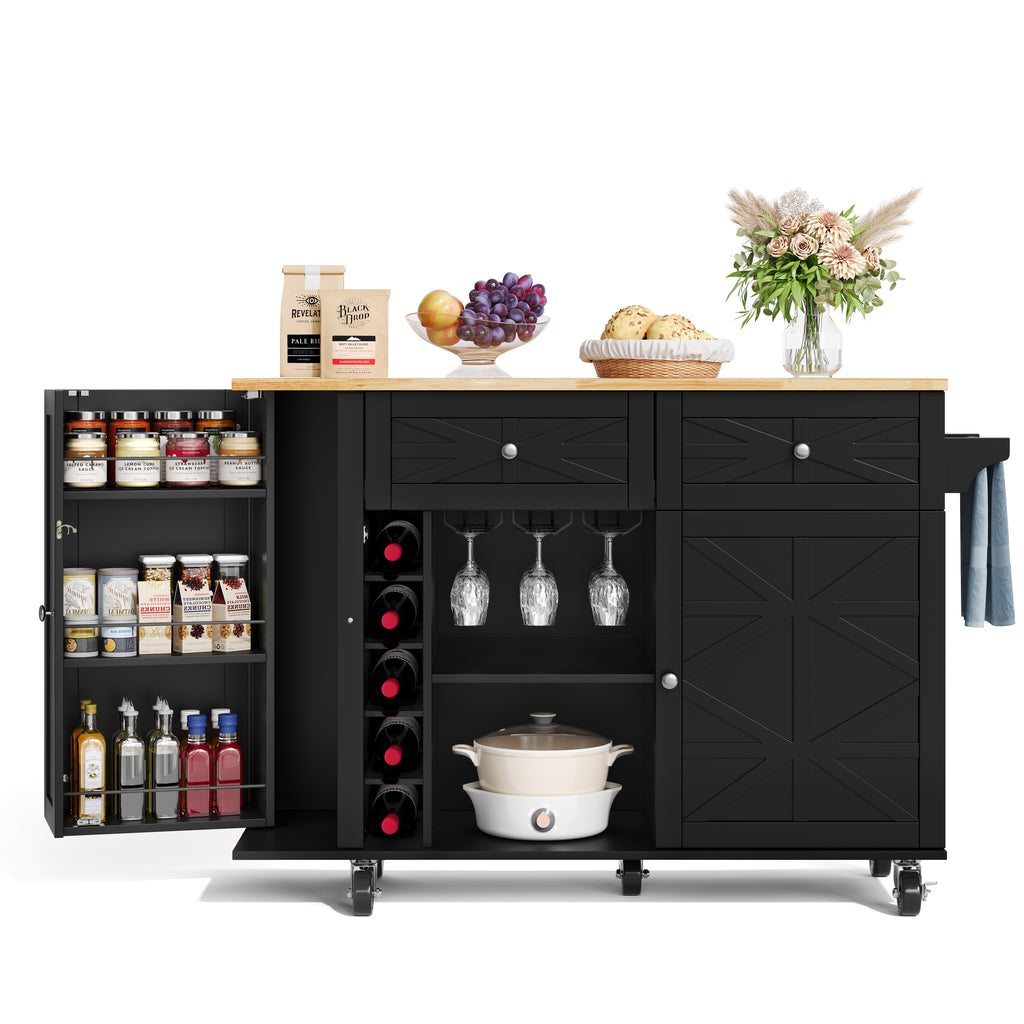 Isla de cocina con placa de trabajo plegable, equipada con 5 ruedas con cierre, armario, estante para vinos y soporte para vasos, negro, 120 x 45(70) x 89 cm