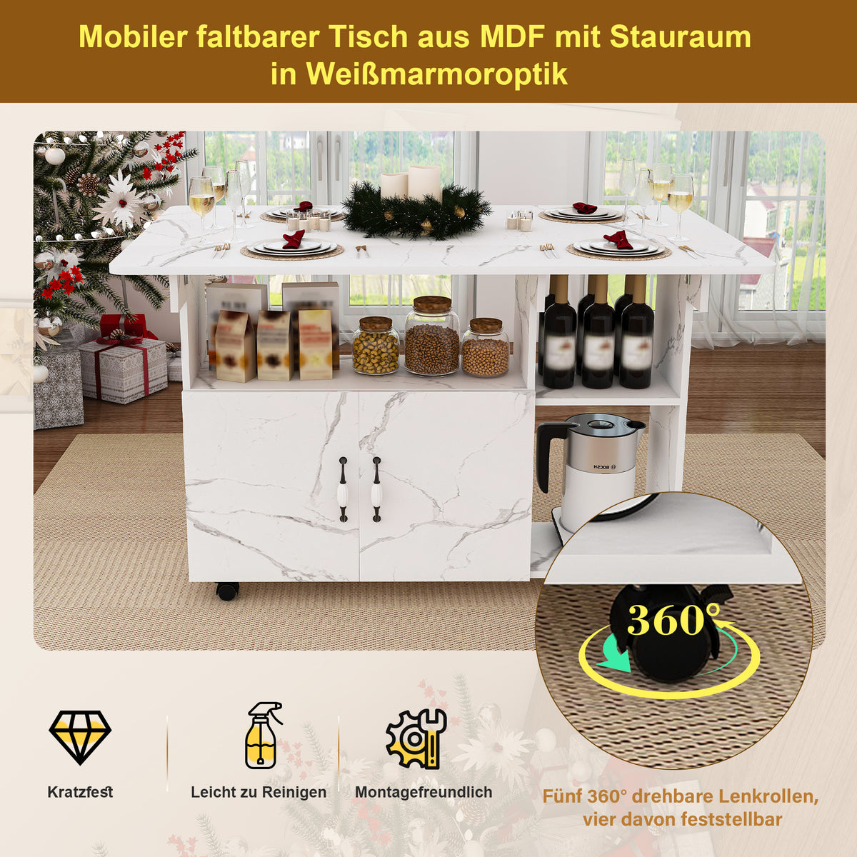 Mesa de comedor plegable rectangular móvil de 110x70x80 cm, multifuncional con 5 plataformas de almacenamiento y 5 ruedas con freno (4 fijas), ahorra espacio para cocina, casa, oficina, residencia estudiantil, estilo mármol blanco