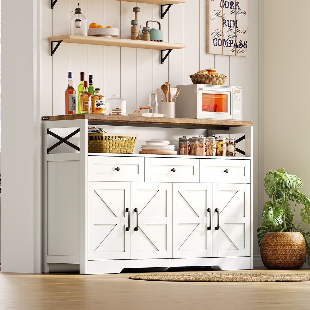 Buffet de 140 cm con espacio de almacenamiento, barra de café con 3 cajones, consola en estilo rústico con puertas, armarios con tablones de empotramiento, adecuado para la cocina, el salón, el vestíbulo, estilo rústico blanco/marrón