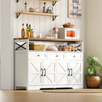 Buffet de 140 cm con espacio de almacenamiento, barra de café con 3 cajones, consola en estilo rústico con puertas, armarios con tablones de empotramiento, adecuado para la cocina, el salón, el vestíbulo, estilo rústico blanco/marrón