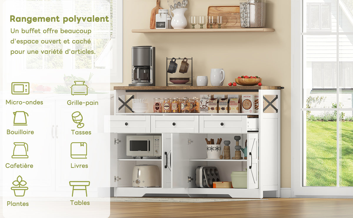 Buffet de 140 cm con espacio de almacenamiento, barra de café con 3 cajones, consola en estilo rústico con puertas, armarios con tablones de empotramiento, adecuado para la cocina, el salón, el vestíbulo, estilo rústico blanco/marrón