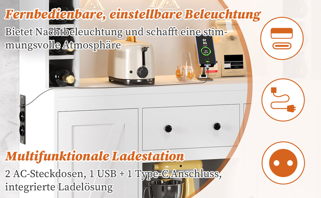 Armario de cocina, armario alto, armario de vinos con soportes de empotramiento ajustables, cajón, soporte para vasos de vino de acero inoxidable, compartimentos para botellas de vino, iluminación LED con cambio de color y enchufes, 180 × 105 × 40 cm